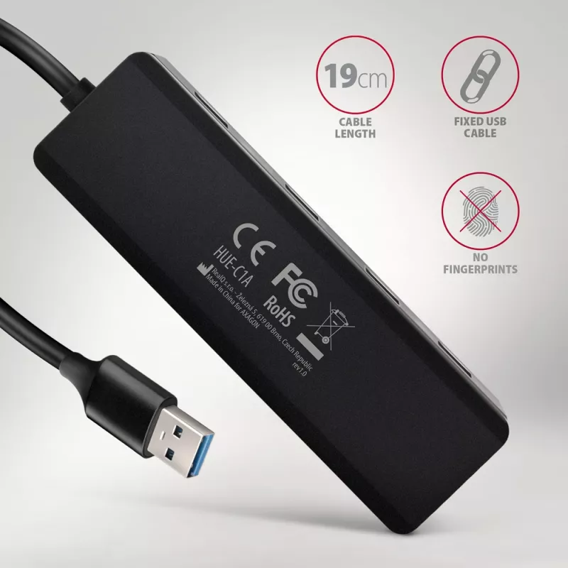 USB 3.2 kelioninis 4x USB-A 5Gbps stotelė Axagon HUE-C1A, USB-C maitinimo įvadas, 19 cm USB-A laidas