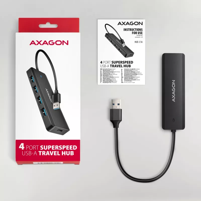 USB 3.2 kelioninis 4x USB-A 5Gbps stotelė Axagon HUE-C1A, USB-C maitinimo įvadas, 19 cm USB-A laidas