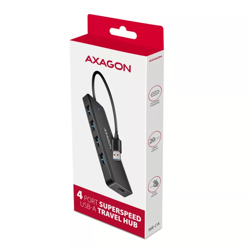 USB 3.2 kelioninis 4x USB-A 5Gbps stotelė Axagon HUE-C1A, USB-C maitinimo įvadas, 19 cm USB-A laidas