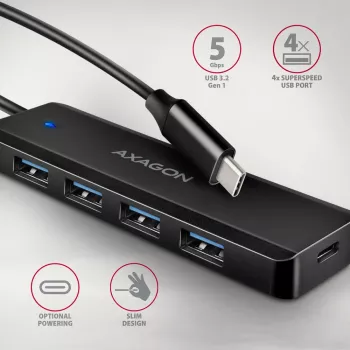 USB-C kelionių centras Axagon HUE-C1C, 4x USB 5Gbps, USB-C maitinimo įvadas, 19 cm kabelis