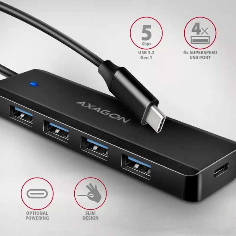USB-C kelionių centras Axagon HUE-C1C, 4x USB 5Gbps, USB-C maitinimo įvadas, 19 cm kabelis