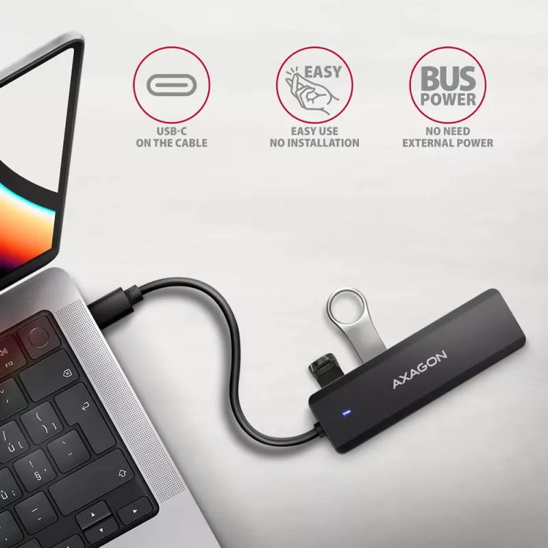 USB-C kelionių centras Axagon HUE-C1C, 4x USB 5Gbps, USB-C maitinimo įvadas, 19 cm kabelis