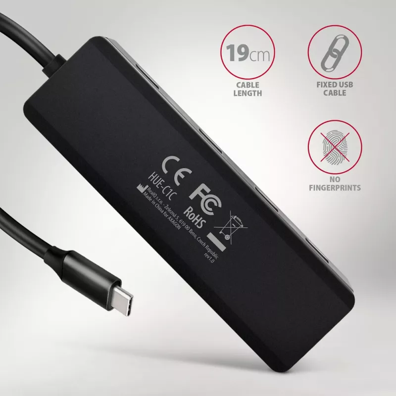 USB-C kelionių centras Axagon HUE-C1C, 4x USB 5Gbps, USB-C maitinimo įvadas, 19 cm kabelis