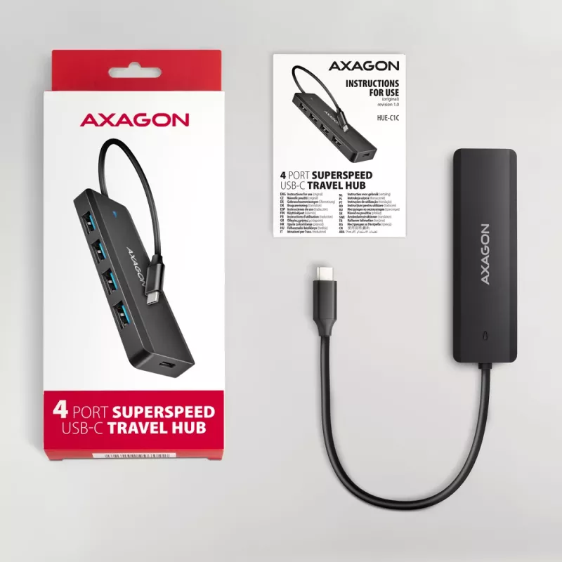 USB-C kelionių centras Axagon HUE-C1C, 4x USB 5Gbps, USB-C maitinimo įvadas, 19 cm kabelis