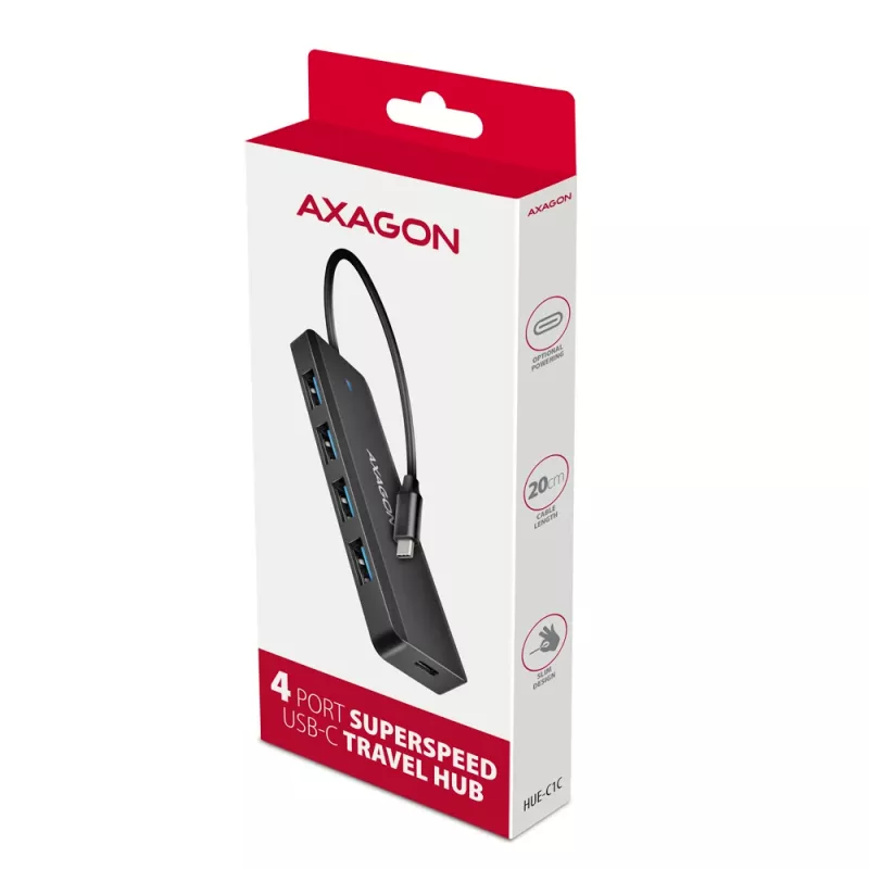 USB-C kelionių centras Axagon HUE-C1C, 4x USB 5Gbps, USB-C maitinimo įvadas, 19 cm kabelis