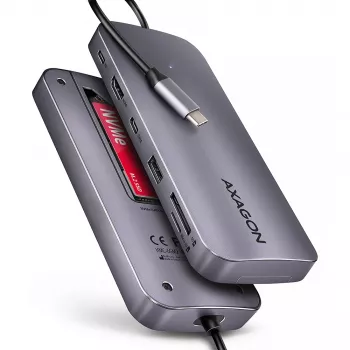 Axagon HMC-6GM2 USB 10Gbps šakotuvas USB-A USB-C HDMI M.2 SD/mSD PD 100W USB-C laidinis USB 3.2 Gen 2 (3.1 Gen 2) Type-C pilka