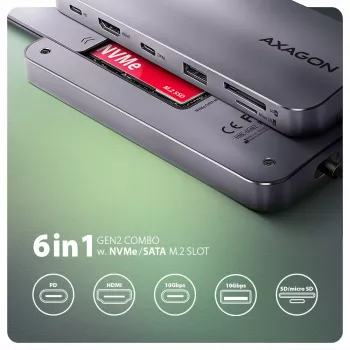Axagon HMC-6GM2 USB 10Gbps šakotuvas USB-A USB-C HDMI M.2 SD/mSD PD 100W USB-C laidinis USB 3.2 Gen 2 (3.1 Gen 2) Type-C pilka