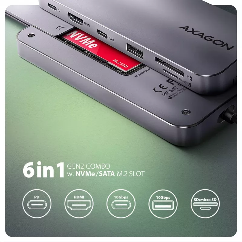 Axagon HMC-6GM2 USB 10Gbps šakotuvas USB-A USB-C HDMI M.2 SD/mSD PD 100W USB-C laidinis USB 3.2 Gen 2 (3.1 Gen 2) Type-C pilka