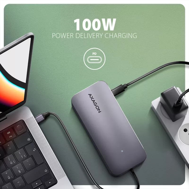 Axagon HMC-6GM2 USB 10Gbps šakotuvas USB-A USB-C HDMI M.2 SD/mSD PD 100W USB-C laidinis USB 3.2 Gen 2 (3.1 Gen 2) Type-C pilka