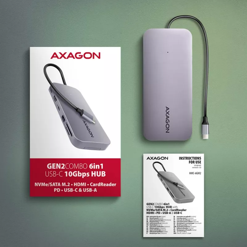 Axagon HMC-6GM2 USB 10Gbps šakotuvas USB-A USB-C HDMI M.2 SD/mSD PD 100W USB-C laidinis USB 3.2 Gen 2 (3.1 Gen 2) Type-C pilka
