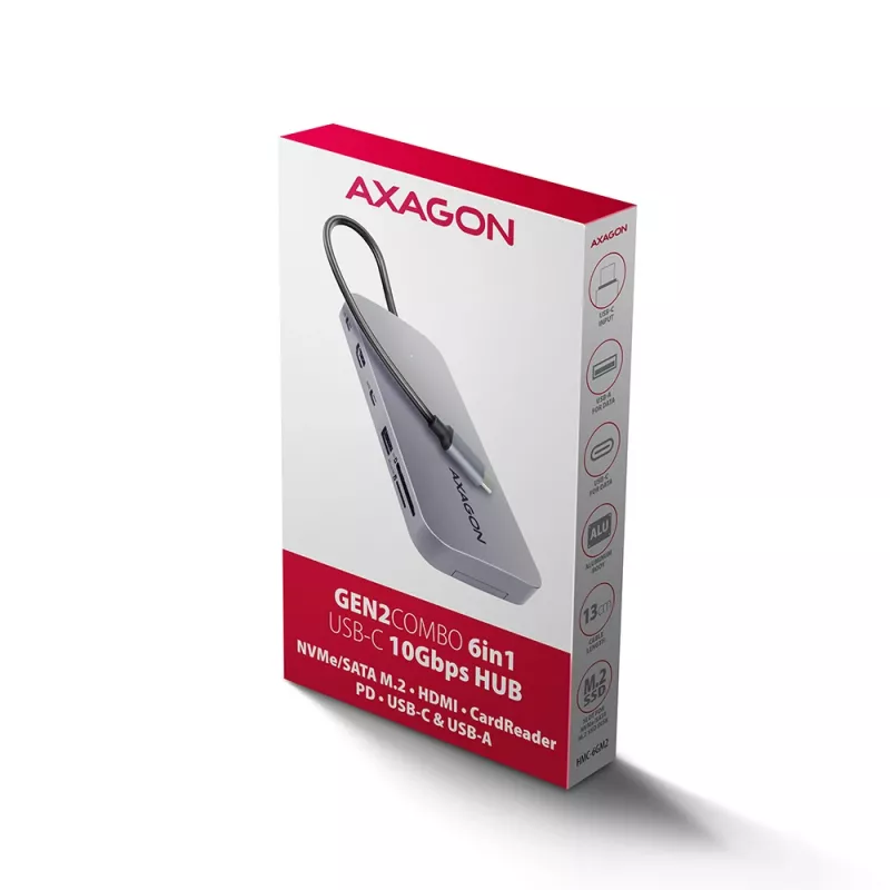 Axagon HMC-6GM2 USB 10Gbps šakotuvas USB-A USB-C HDMI M.2 SD/mSD PD 100W USB-C laidinis USB 3.2 Gen 2 (3.1 Gen 2) Type-C pilka