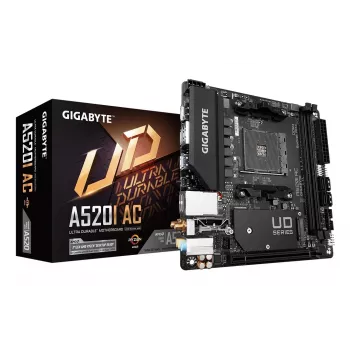 GIGABYTE A520I AC pagrindinė plokštė – palaiko AMD Ryzen 5000 serijos AM4 procesorius, 6 fazių skaitmeninis VRM, iki 5300MHz DDR4 (OC), 1xPCIe 3.0 M.2, Wi-Fi, GbE LAN, USB 3.2 Gen1