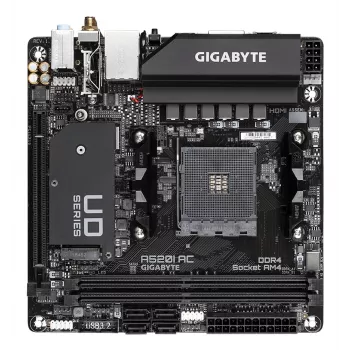 GIGABYTE A520I AC pagrindinė plokštė – palaiko AMD Ryzen 5000 serijos AM4 procesorius, 6 fazių skaitmeninis VRM, iki 5300MHz DDR4 (OC), 1xPCIe 3.0 M.2, Wi-Fi, GbE LAN, USB 3.2 Gen1