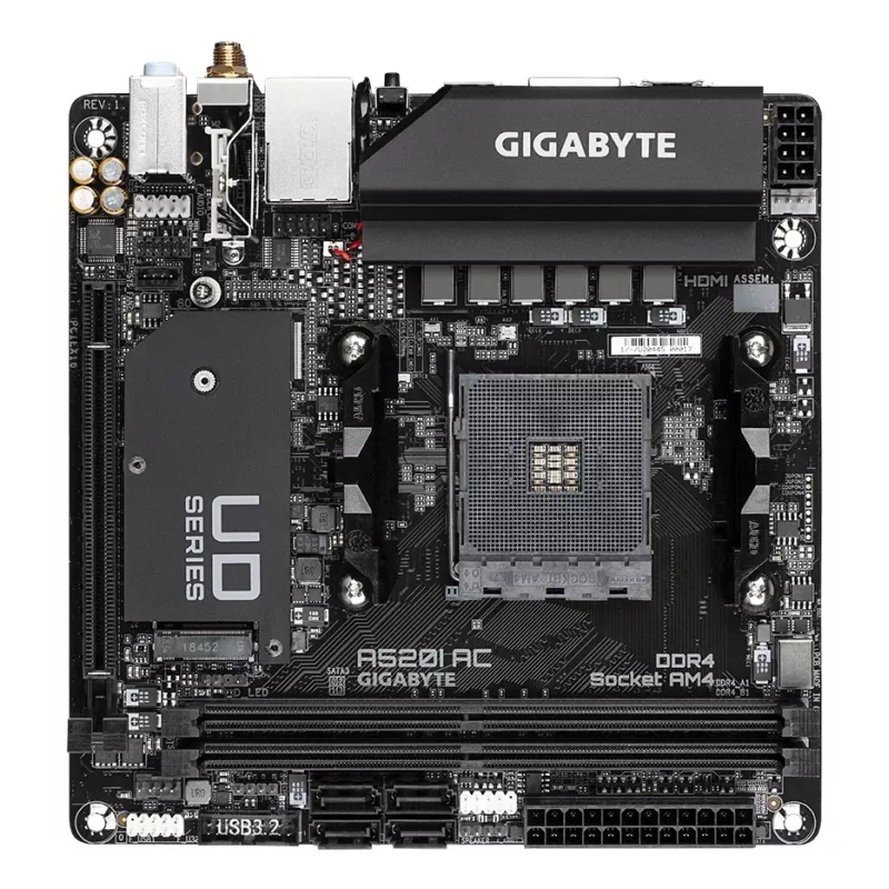 GIGABYTE A520I AC pagrindinė plokštė – palaiko AMD Ryzen 5000 serijos AM4 procesorius, 6 fazių skaitmeninis VRM, iki 5300MHz DDR4 (OC), 1xPCIe 3.0 M.2, Wi-Fi, GbE LAN, USB 3.2 Gen1