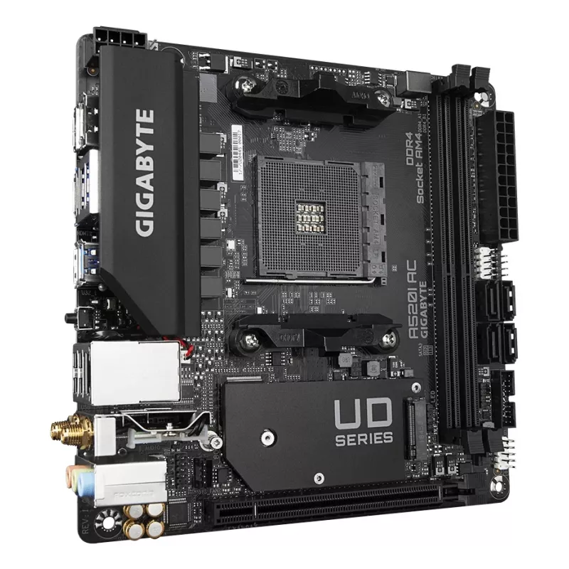 GIGABYTE A520I AC pagrindinė plokštė – palaiko AMD Ryzen 5000 serijos AM4 procesorius, 6 fazių skaitmeninis VRM, iki 5300MHz DDR4 (OC), 1xPCIe 3.0 M.2, Wi-Fi, GbE LAN, USB 3.2 Gen1
