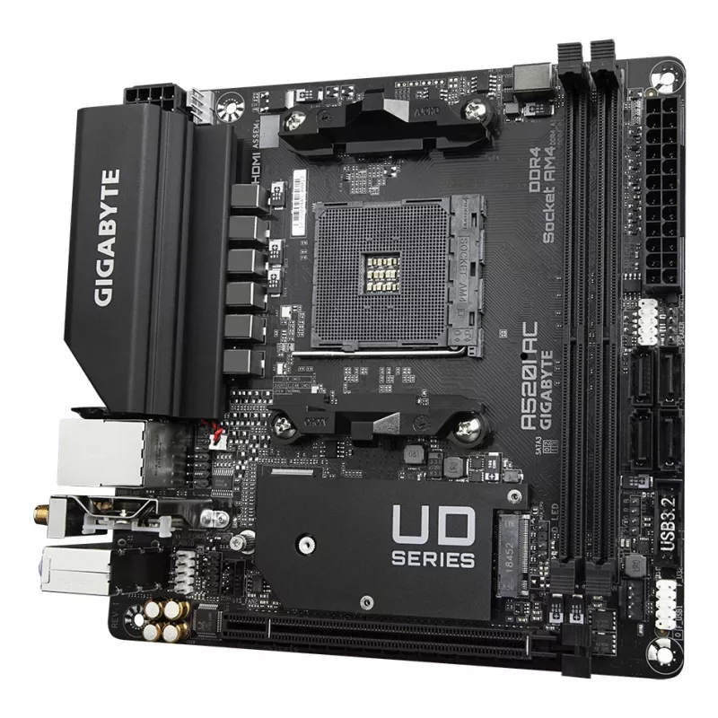 GIGABYTE A520I AC pagrindinė plokštė – palaiko AMD Ryzen 5000 serijos AM4 procesorius, 6 fazių skaitmeninis VRM, iki 5300MHz DDR4 (OC), 1xPCIe 3.0 M.2, Wi-Fi, GbE LAN, USB 3.2 Gen1