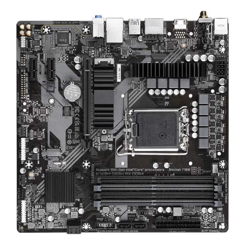 GIGABYTE B760M DS3H AX DDR4 pagrindinė plokštė – palaiko Intel Core 14-osios kartos procesorius, 6+2+1 fazių skaitmeninis VRM, iki 5333MHz DDR4 (OC), 2xPCIe 4.0 M.2, Wi-Fi 6E, 2.5GbE LAN, USB 3.2 Gen2