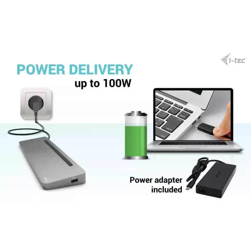 i-tec USB-C Metal Ergonomic 3x 4K Display Dock su 100 W įkrovimu ir 100 W įkrovikliu