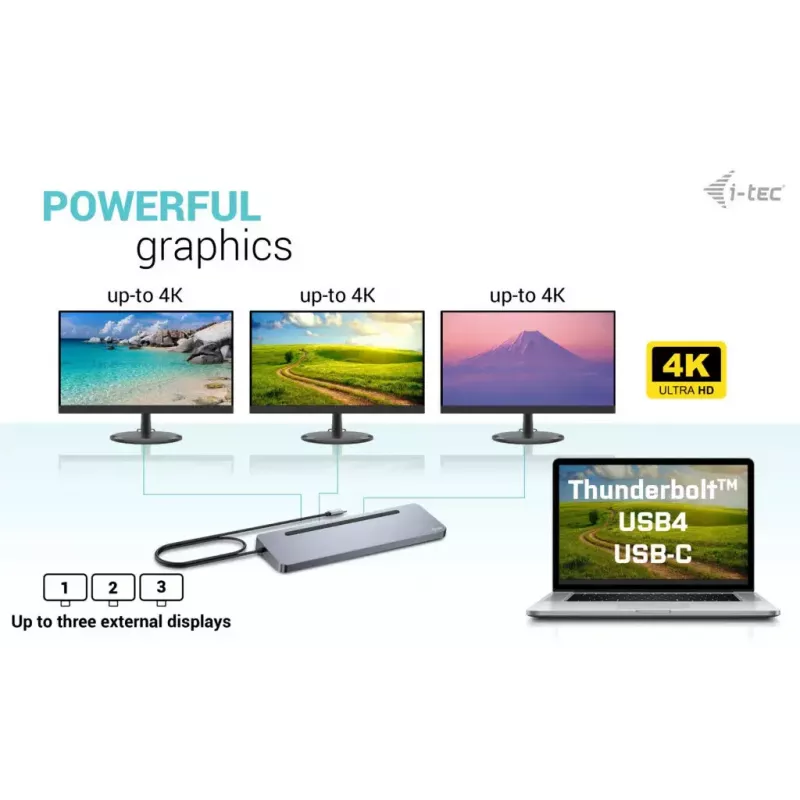 i-tec USB-C Metal Ergonomic 3x 4K Display Dock su 100 W įkrovimu ir 100 W įkrovikliu