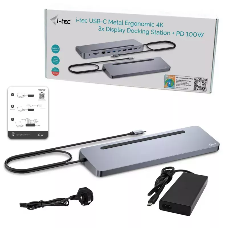 i-tec USB-C Metal Ergonomic 3x 4K Display Dock su 100 W įkrovimu ir 100 W įkrovikliu