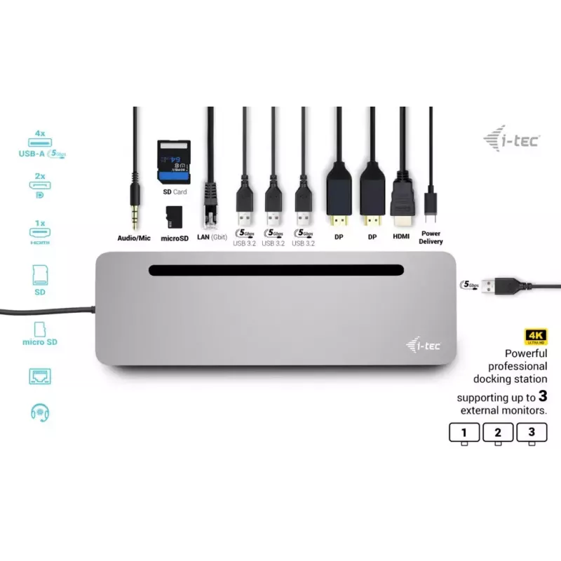 i-tec USB-C Metal Ergonomic 3x 4K Display Dock su 100 W įkrovimu ir 100 W įkrovikliu