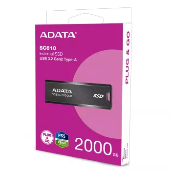 USB atmintinė ADATA SC610 2TB Sleeve USB Type-A 3.2 Gen 2, 550 MB/s skaitymas, 500 MB/s rašymas, juoda