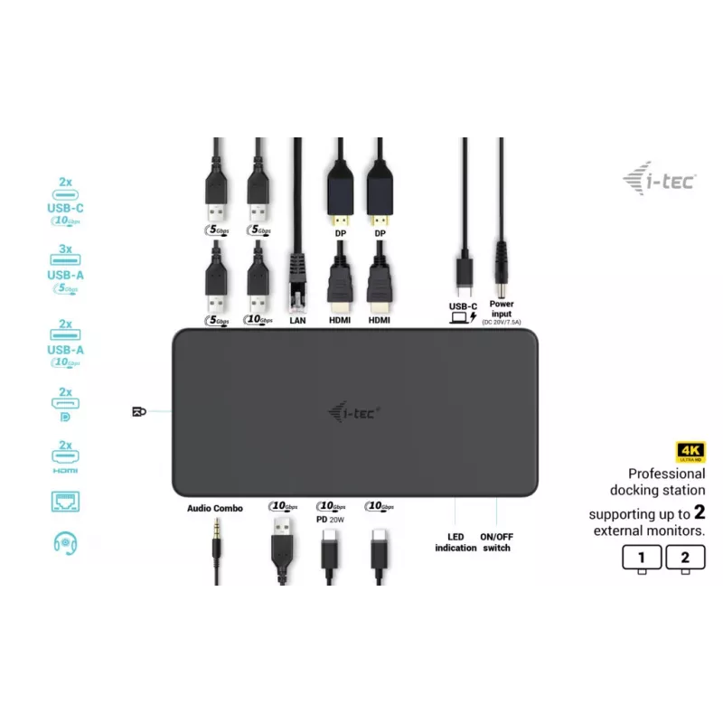 i-tec USB 3.0 / USB-C / Thunderbolt 3 profesionali dviejų 4K ekranų dokų stotis 2 karta + Power Delivery 100 W