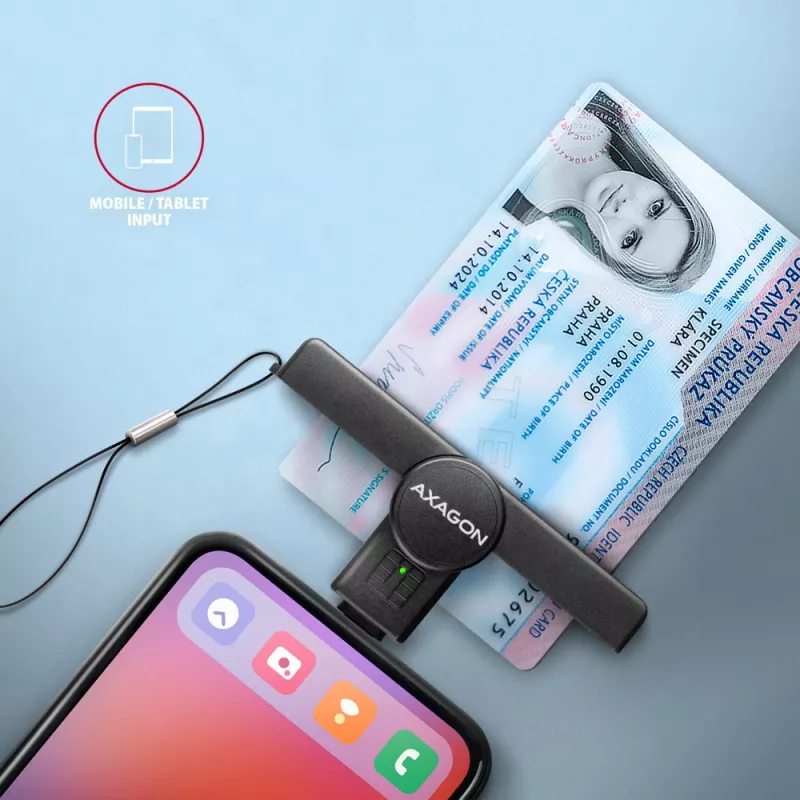 Axagon CRE-SMPC USB-C Smart kortų / ID kortelių skaitytuvas PocketReader, juodas