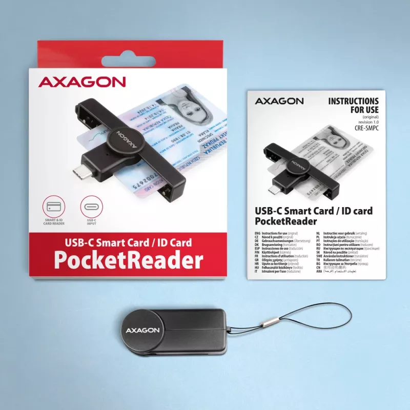 Axagon CRE-SMPC USB-C Smart kortų / ID kortelių skaitytuvas PocketReader, juodas