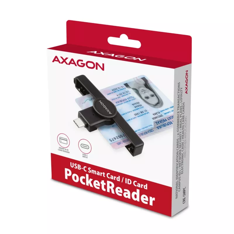 Axagon CRE-SMPC USB-C Smart kortų / ID kortelių skaitytuvas PocketReader, juodas