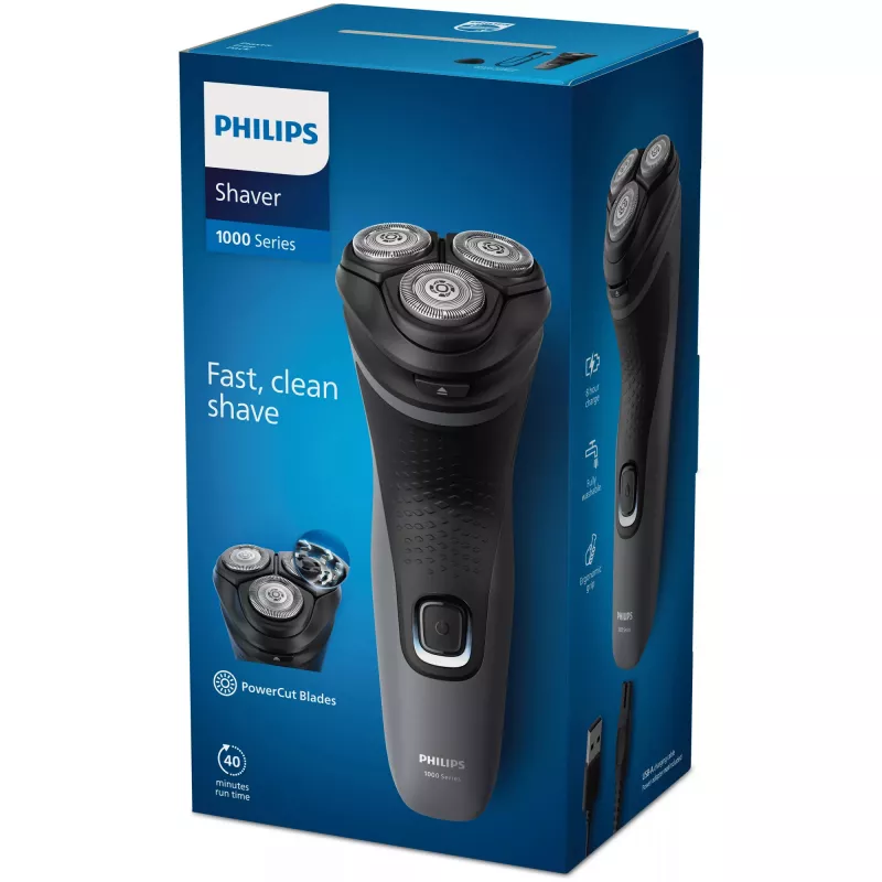Philips Shaver 1000 Series S1142/00 Elektrinis skustuvas, rotacinis, juodas/pilkas, PowerCut ašmenų sistema, SH30, 2 metai, baterija