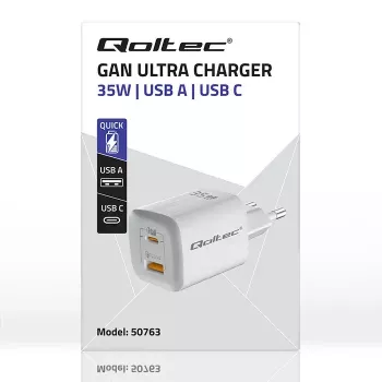 QOLTEC Įkroviklis 50763 – Vidinės AC greitasis 35W įkroviklis, USB-C PD 3.0 + USB-A, 5–20V, Baltas