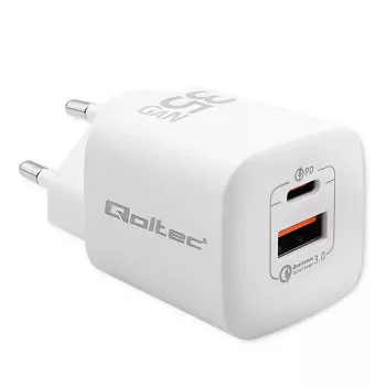 QOLTEC Įkroviklis 50763 – Vidinės AC greitasis 35W įkroviklis, USB-C PD 3.0 + USB-A, 5–20V, Baltas