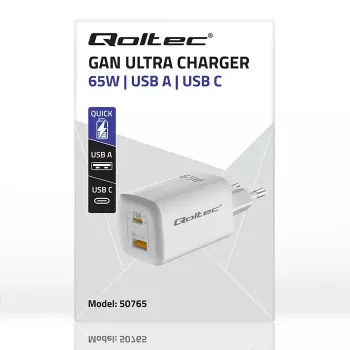 Vidinis greitasis įkroviklis QOLTEC 50765 — 65W USB-C PD 3.0 + USB-A, 5–20V, Type-C Eurokištukas, 2 įrenginiai