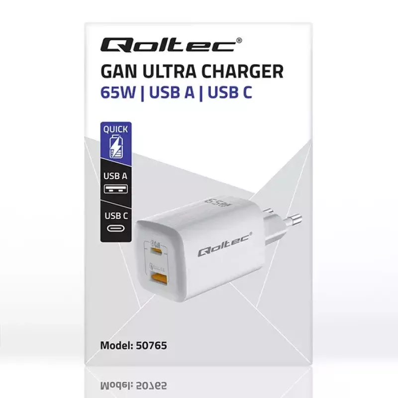 Vidinis greitasis įkroviklis QOLTEC 50765 — 65W USB-C PD 3.0 + USB-A, 5–20V, Type-C Eurokištukas, 2 įrenginiai