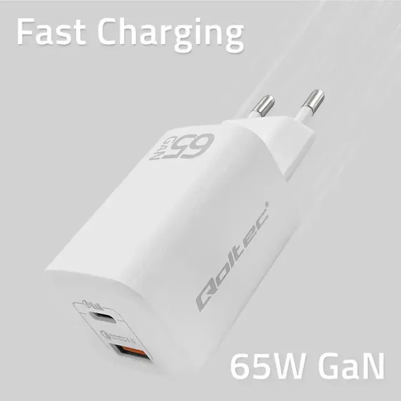 Vidinis greitasis įkroviklis QOLTEC 50765 — 65W USB-C PD 3.0 + USB-A, 5–20V, Type-C Eurokištukas, 2 įrenginiai