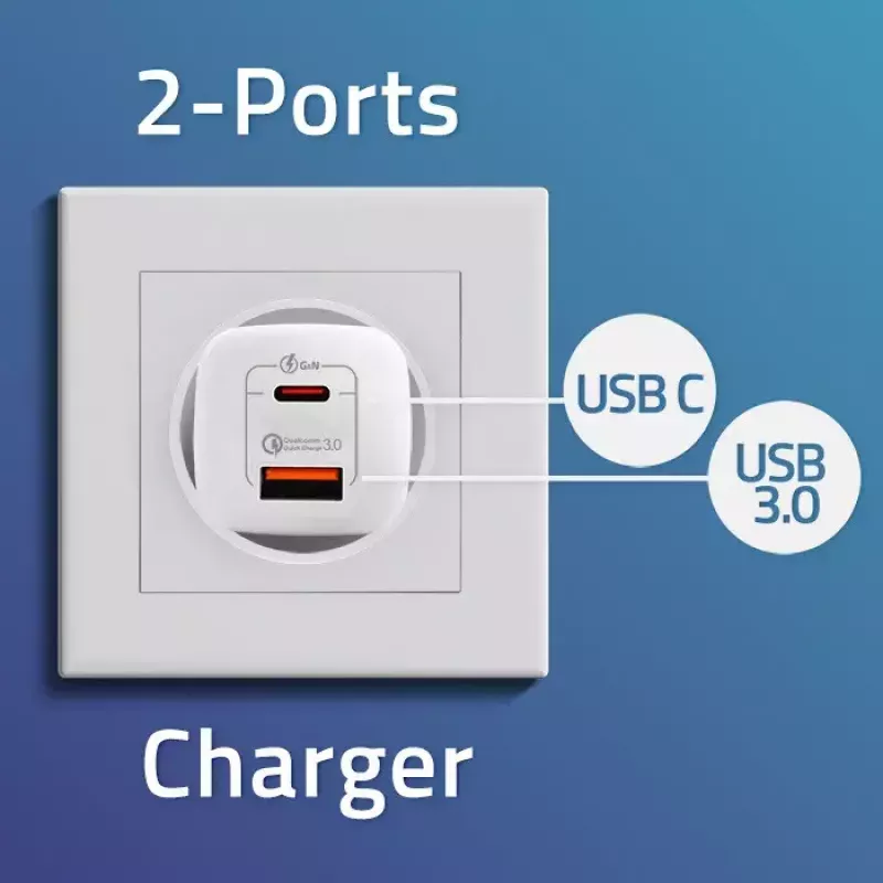 Vidinis greitasis įkroviklis QOLTEC 50765 — 65W USB-C PD 3.0 + USB-A, 5–20V, Type-C Eurokištukas, 2 įrenginiai