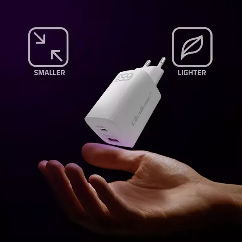 Vidinis greitasis įkroviklis QOLTEC 50765 — 65W USB-C PD 3.0 + USB-A, 5–20V, Type-C Eurokištukas, 2 įrenginiai