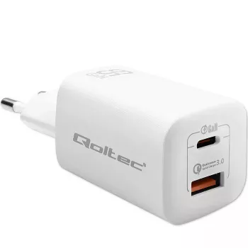 Vidinis greitasis įkroviklis QOLTEC 50765 — 65W USB-C PD 3.0 + USB-A, 5–20V, Type-C Eurokištukas, 2 įrenginiai