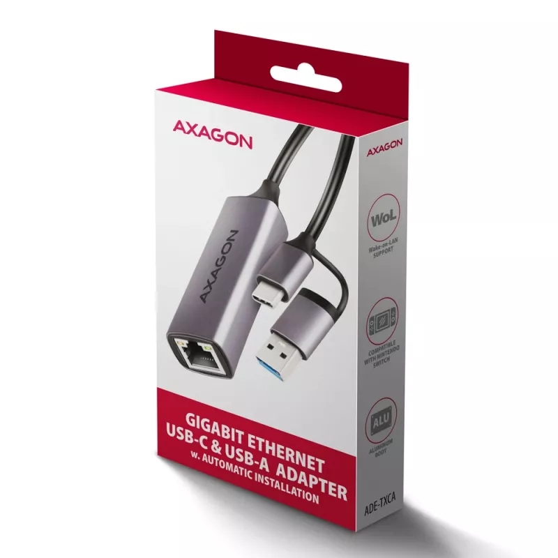Axagon ADE-TXCA USB-C / USB-A 3.2 Gen 1 – Gigabit Ethernet adapteris, Asix AX88179