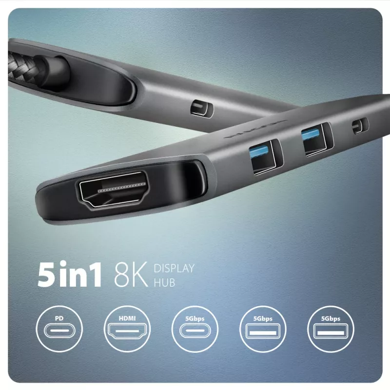 Axagon HMC-5H8K USB 5Gbps šakotuvas 2x USB-A USB-C HDMI 8k/30Hz PD 100W kabelis USB-C Wired USB 3.2 Gen 1 (3.1 Gen 1) Type-C Pilka