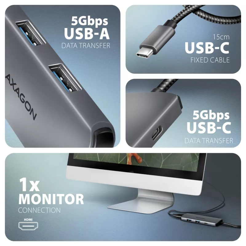 Axagon HMC-5H8K USB 5Gbps šakotuvas 2x USB-A USB-C HDMI 8k/30Hz PD 100W kabelis USB-C Wired USB 3.2 Gen 1 (3.1 Gen 1) Type-C Pilka