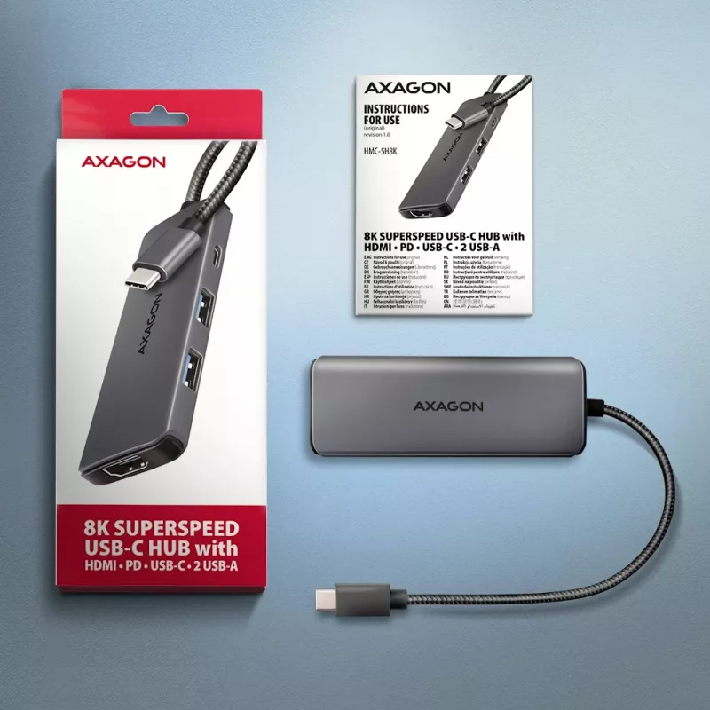 Axagon HMC-5H8K USB 5Gbps šakotuvas 2x USB-A USB-C HDMI 8k/30Hz PD 100W kabelis USB-C Wired USB 3.2 Gen 1 (3.1 Gen 1) Type-C Pilka