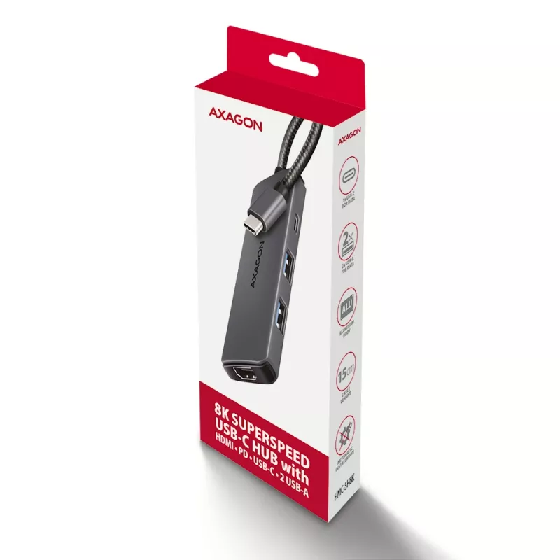 Axagon HMC-5H8K USB 5Gbps šakotuvas 2x USB-A USB-C HDMI 8k/30Hz PD 100W kabelis USB-C Wired USB 3.2 Gen 1 (3.1 Gen 1) Type-C Pilka