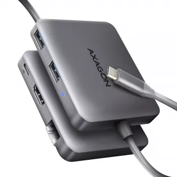 Axagon HMC-5HL USB 5Gbps šakotuvas, 2x USB-A, HDMI 4k/60Hz, RJ-45, PD 100W, 20cm USB-C laidas