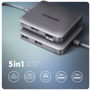Axagon HMC-5HL USB 5Gbps šakotuvas, 2x USB-A, HDMI 4k/60Hz, RJ-45, PD 100W, 20cm USB-C laidas