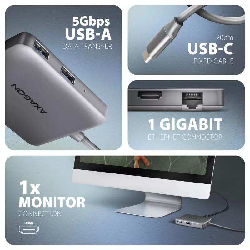 Axagon HMC-5HL USB 5Gbps šakotuvas, 2x USB-A, HDMI 4k/60Hz, RJ-45, PD 100W, 20cm USB-C laidas