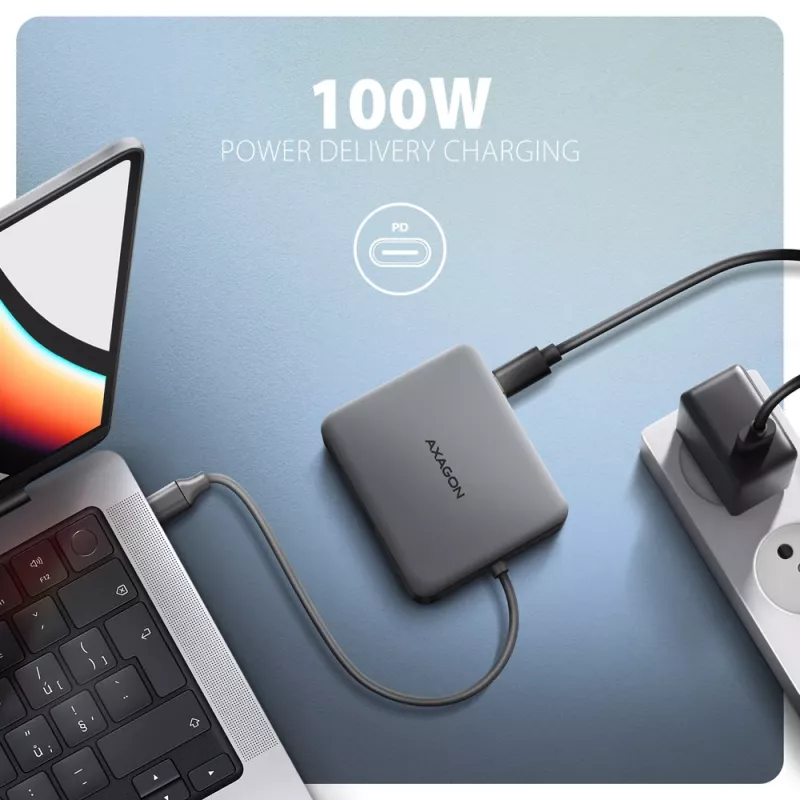 Axagon HMC-5HL USB 5Gbps šakotuvas, 2x USB-A, HDMI 4k/60Hz, RJ-45, PD 100W, 20cm USB-C laidas