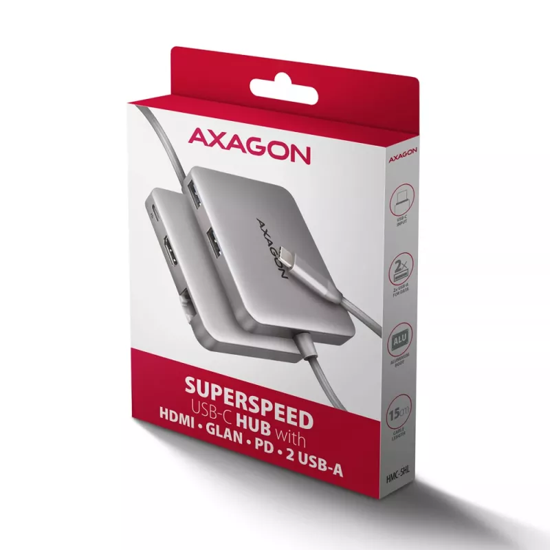 Axagon HMC-5HL USB 5Gbps šakotuvas, 2x USB-A, HDMI 4k/60Hz, RJ-45, PD 100W, 20cm USB-C laidas