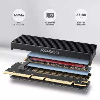 AXAGON PCEM2-XS PCIe x16 adapteris M.2 NVMe M-key lizdu su pasyviu aliumininiu radiatoriumi